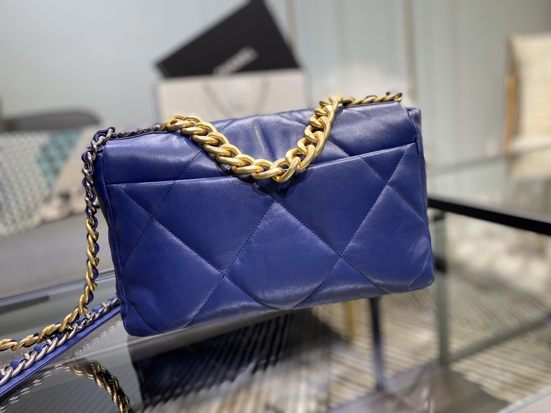 Ch**el large 19 handbag lambskin dark blue as1161 30cm