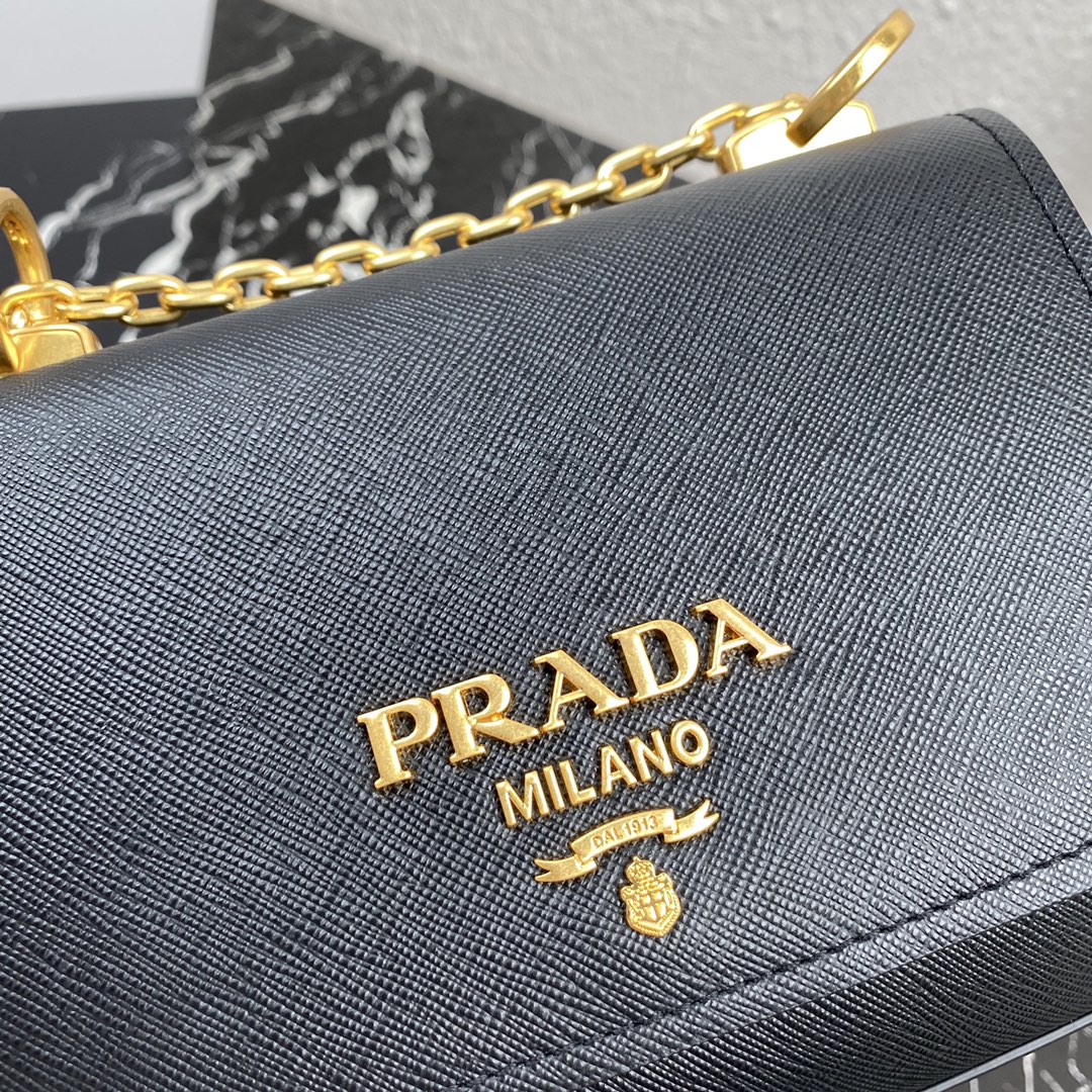 pra*a saffiano leather shoulder bag G01den metal black 1bd275 22 x 14 x 6.5 cm