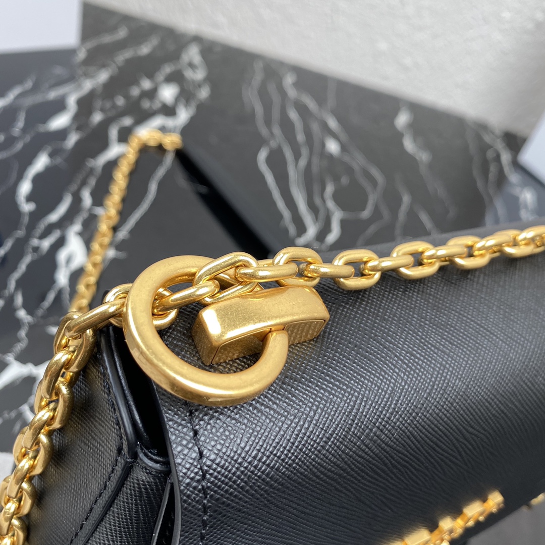 pra*a saffiano leather shoulder bag G01den metal black 1bd275 22 x 14 x 6.5 cm