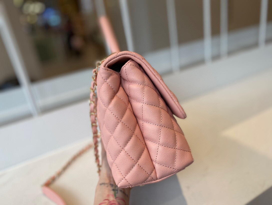 Ch**el small coco handle bag grained leather pink a92991 28 cm