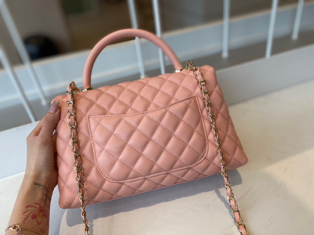 Ch**el small coco handle bag grained leather pink a92991 28 cm