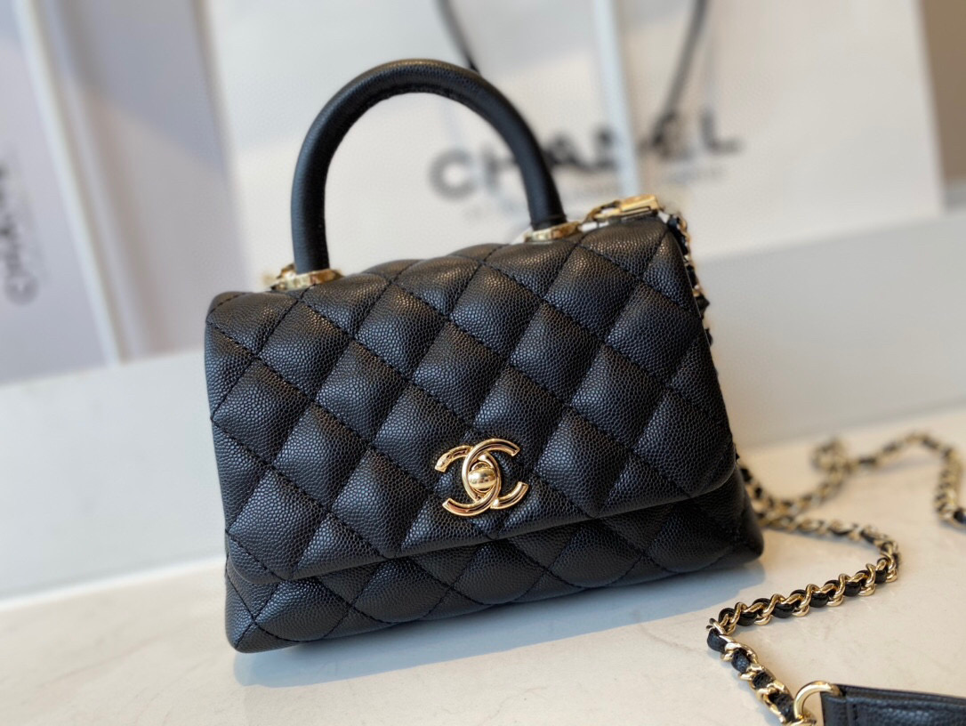 Ch**el extra mini coco handle bag grained leather black as2215 13 × 19 × 9 cm