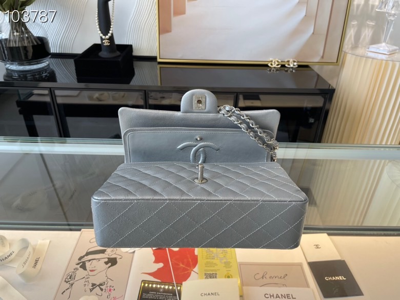 Ch**el classic flap bag light grey caviar leather sliver chain 25.5cm