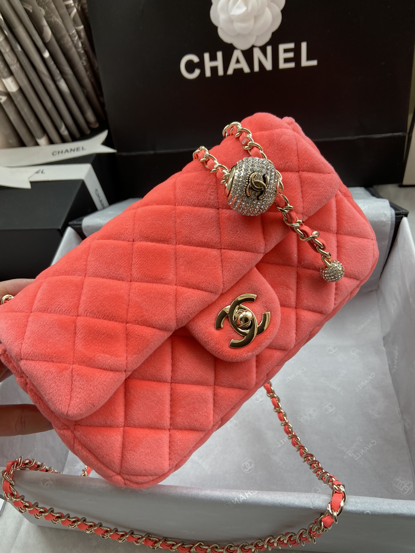 Ch**el small charm strap flap bag velvet neon orange as1786 17 cm
