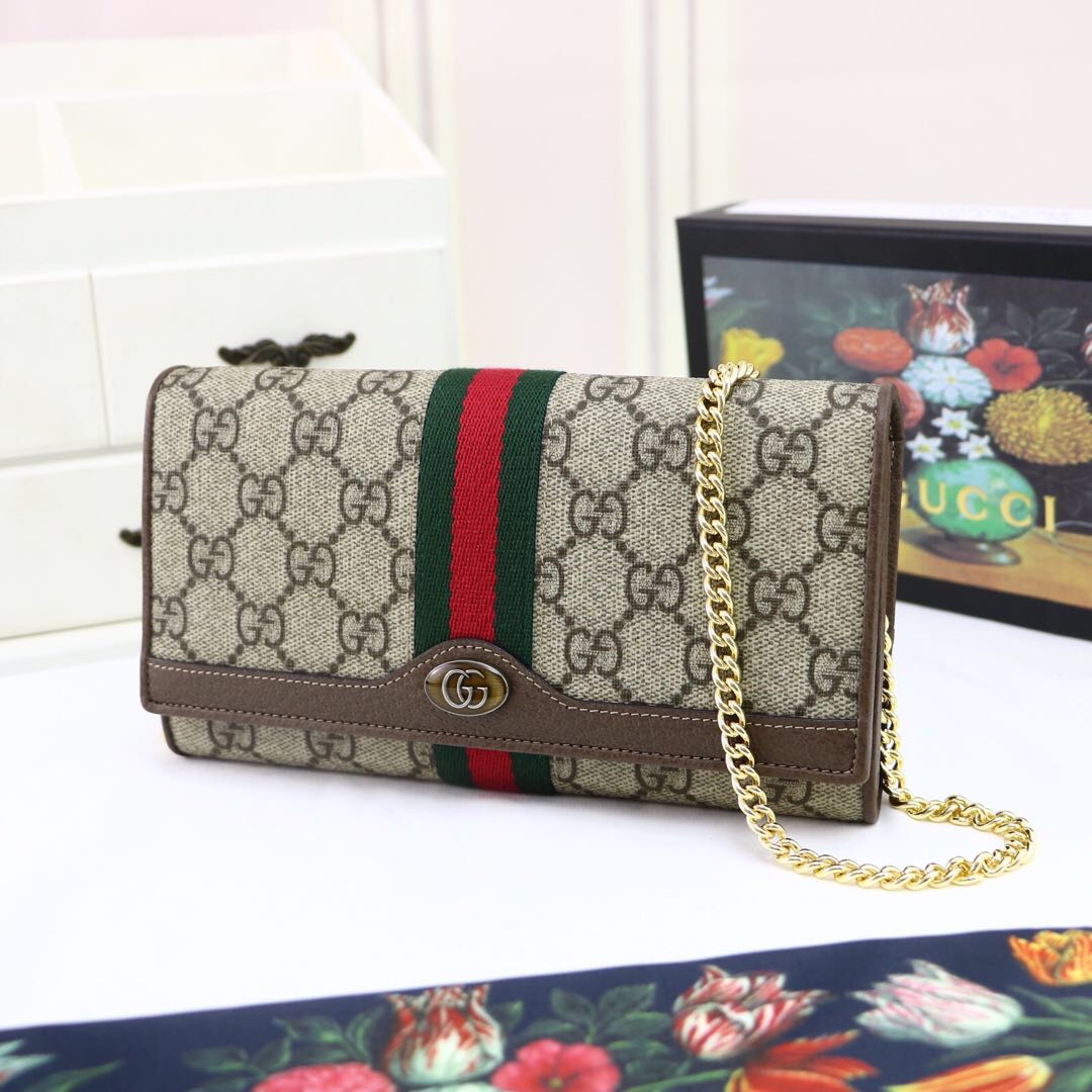 Gvc*1 ophidia gg chain wallet ebony gg svp*me canvas and beige 546592 19 x 10 x 3.5 cm