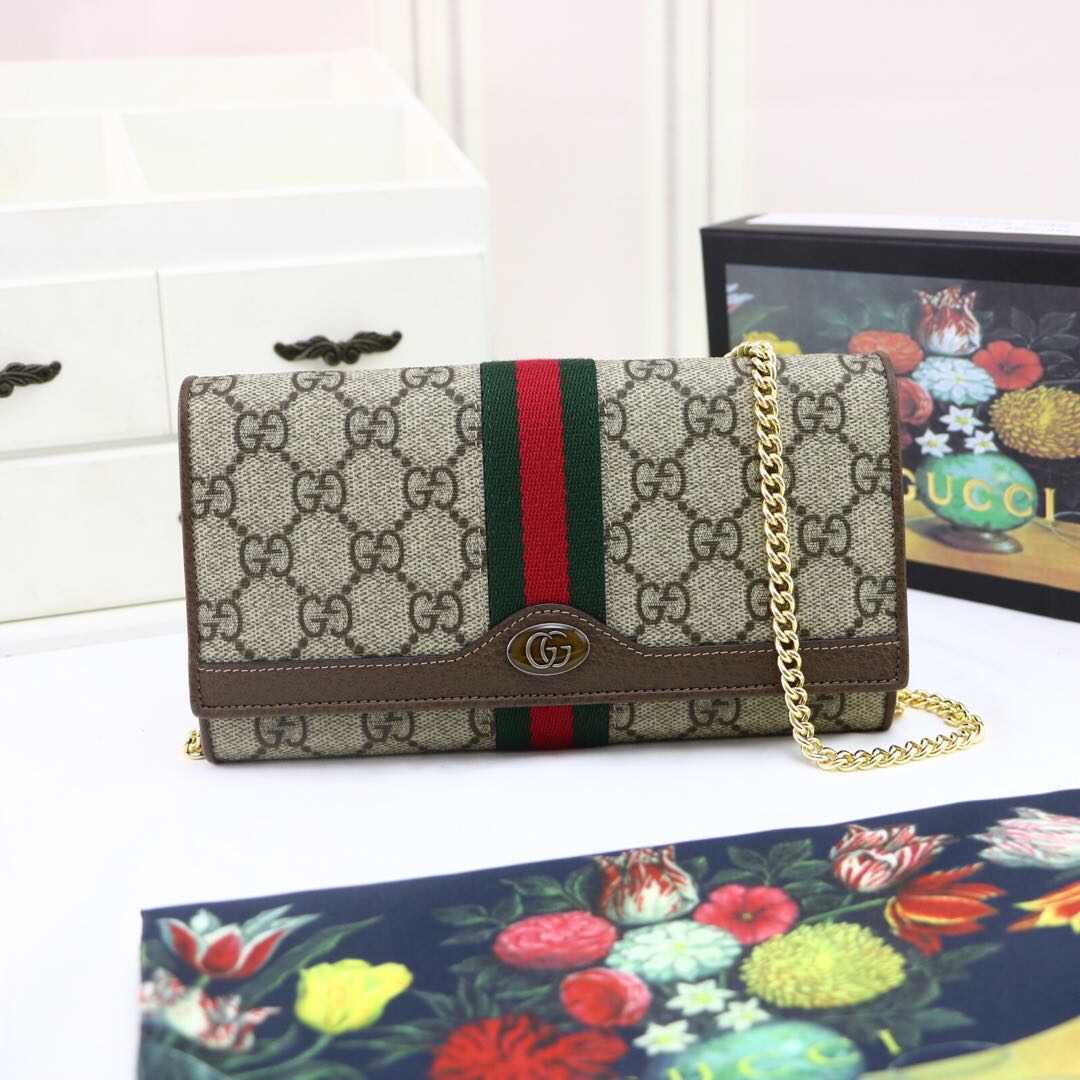 Gvc*1 ophidia gg chain wallet ebony gg svp*me canvas and beige 546592 19 x 10 x 3.5 cm