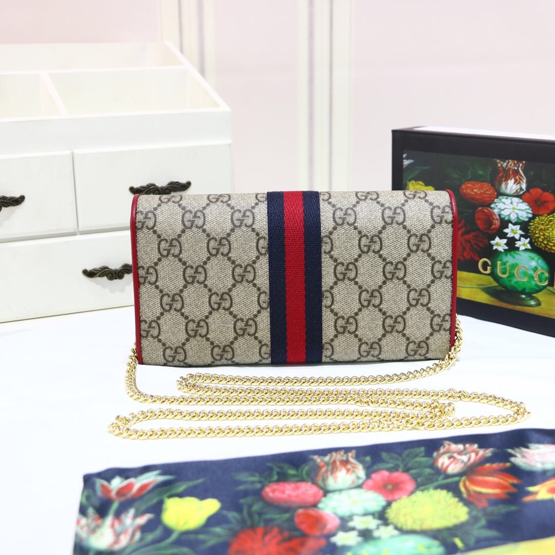 Gvc*1 ophidia gg chain wallet ebony gg svp*me canvas and red 546592 19 x 10 x  3.5 cm