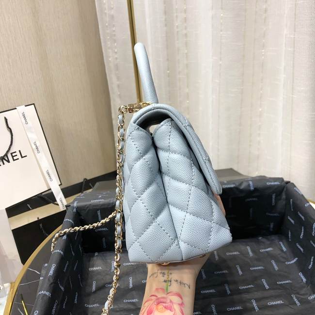 Ch**el mini coco grained calfskin with handle sky blue a92990 23.5 x 13.75 x 9.75 cm