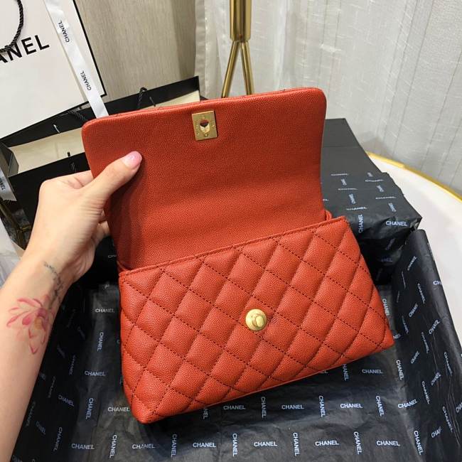 Ch**el mini coco grained calfskin with handle orange a92990 23.5 x 13.75 x 9.75 cm