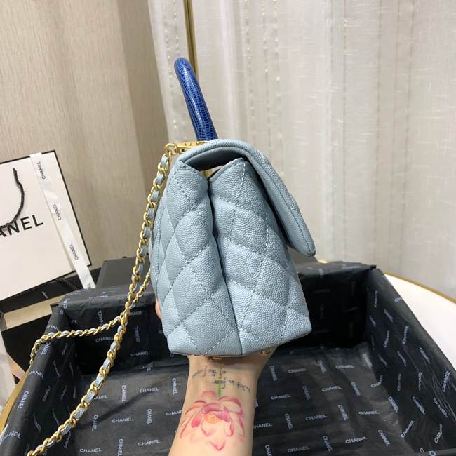 Ch**el mini coco grained calfskin with handle light blue a92990 23.5 x 13.75 x 9.75 cm