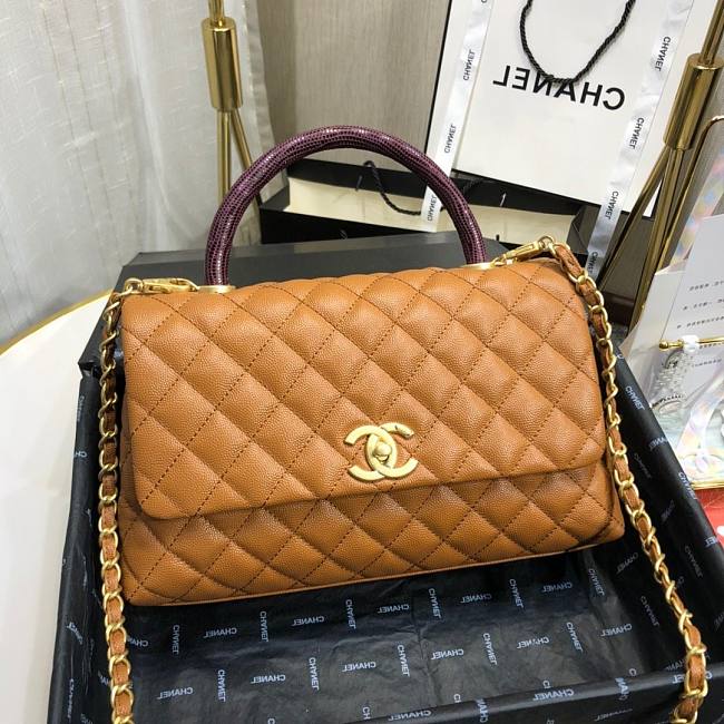 Ch**el small coco grained calfskin with top handle flap bag caramel a92991 28.5 x 18.25 x 11.75 cm