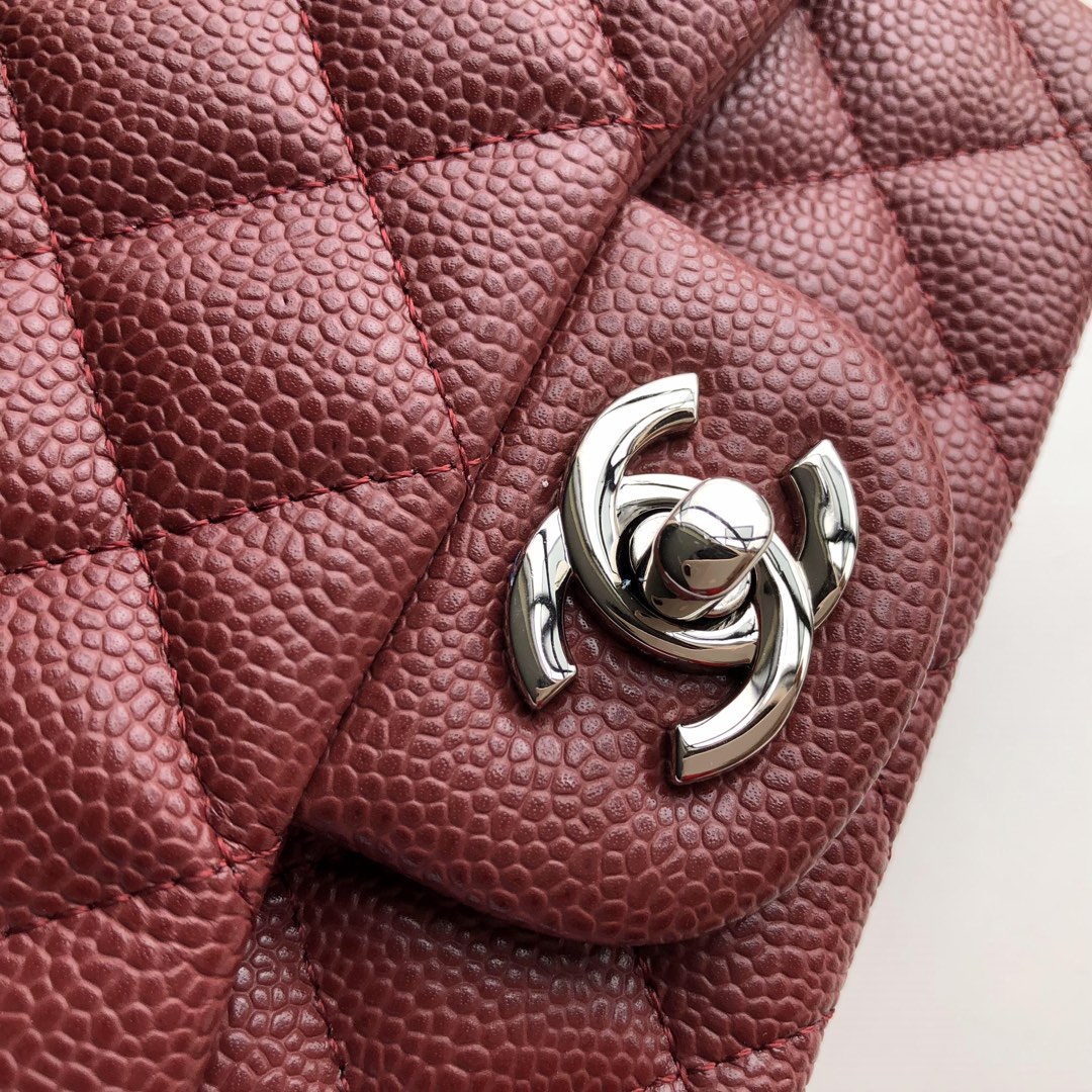 Ch**el mini flap bag caviar silver metal burgundy a35200 17cm