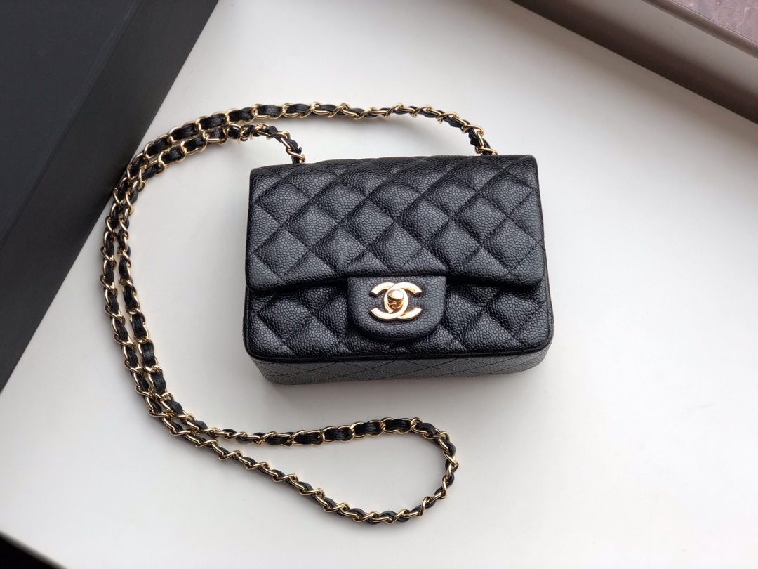 ch**el mini flap bag caviar G01den metal black a35200 17cm