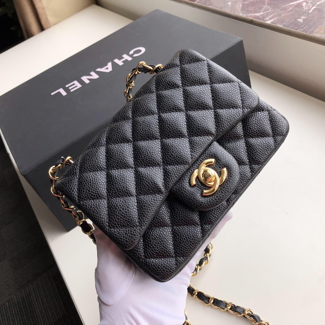 ch**el mini flap bag caviar G01den metal black a35200 17cm