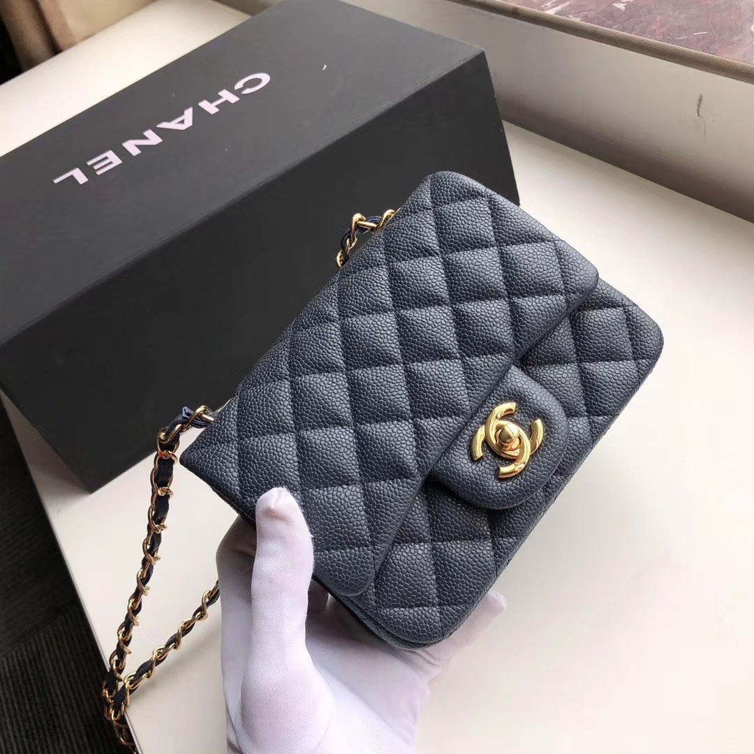 ch**el mini flap bag caviar G01den metal dark blue a35200 17cm