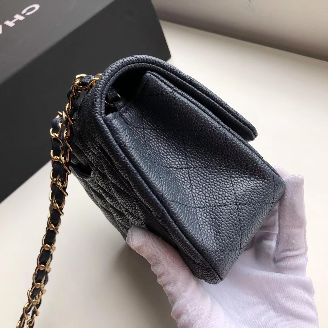 ch**el mini flap bag caviar G01den metal dark blue a35200 17cm