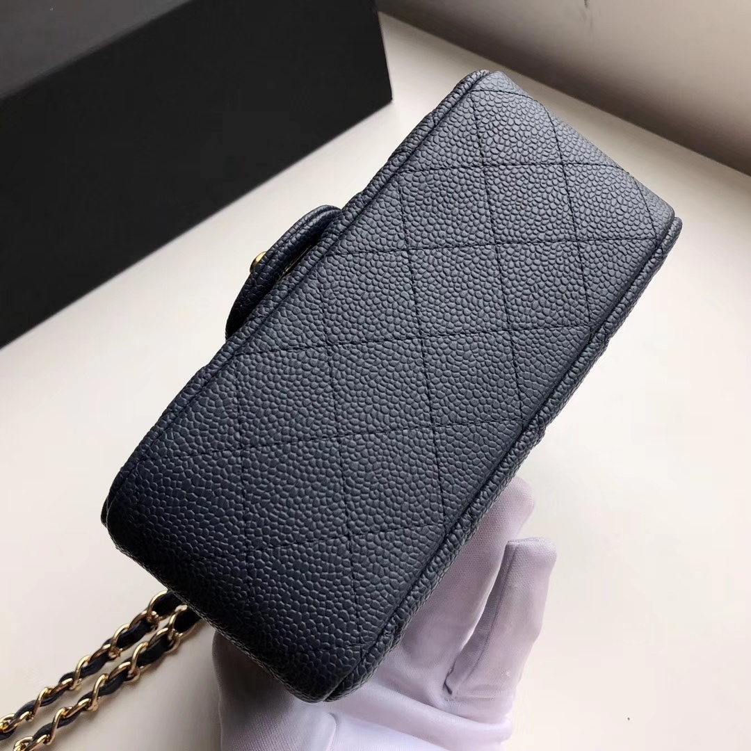 ch**el mini flap bag caviar G01den metal dark blue a35200 17cm
