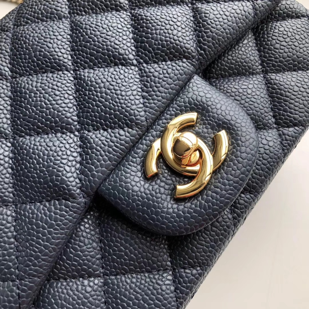 ch**el mini flap bag caviar G01den metal dark blue a35200 17cm