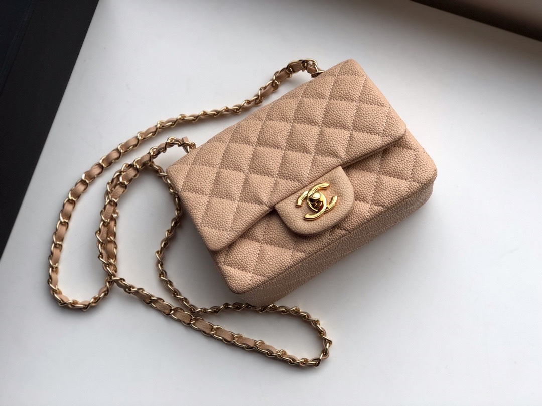 ch**el mini flap bag caviar G01den metal beige a35200 17cm