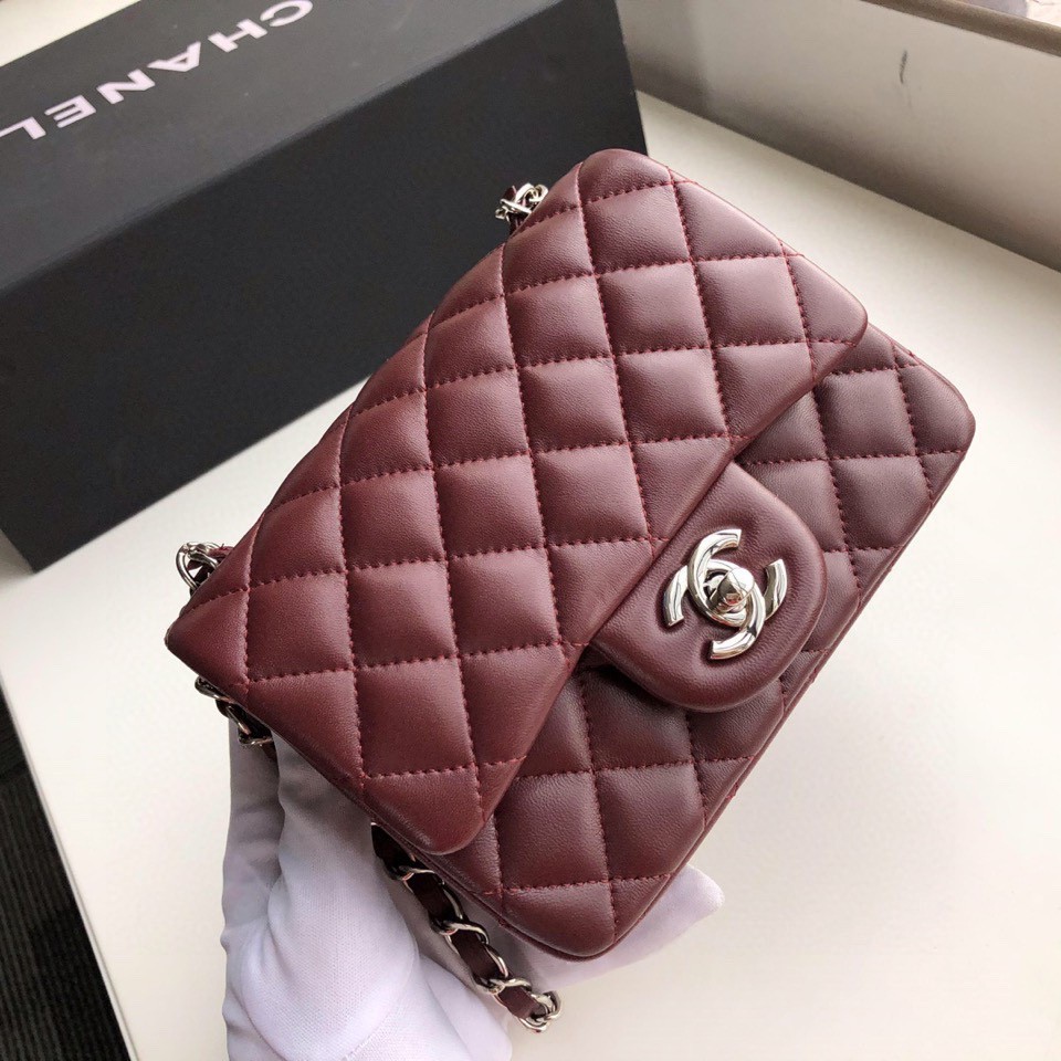 Ch**el mini flap bag lambskin silver metal burgundy a35200 17cm