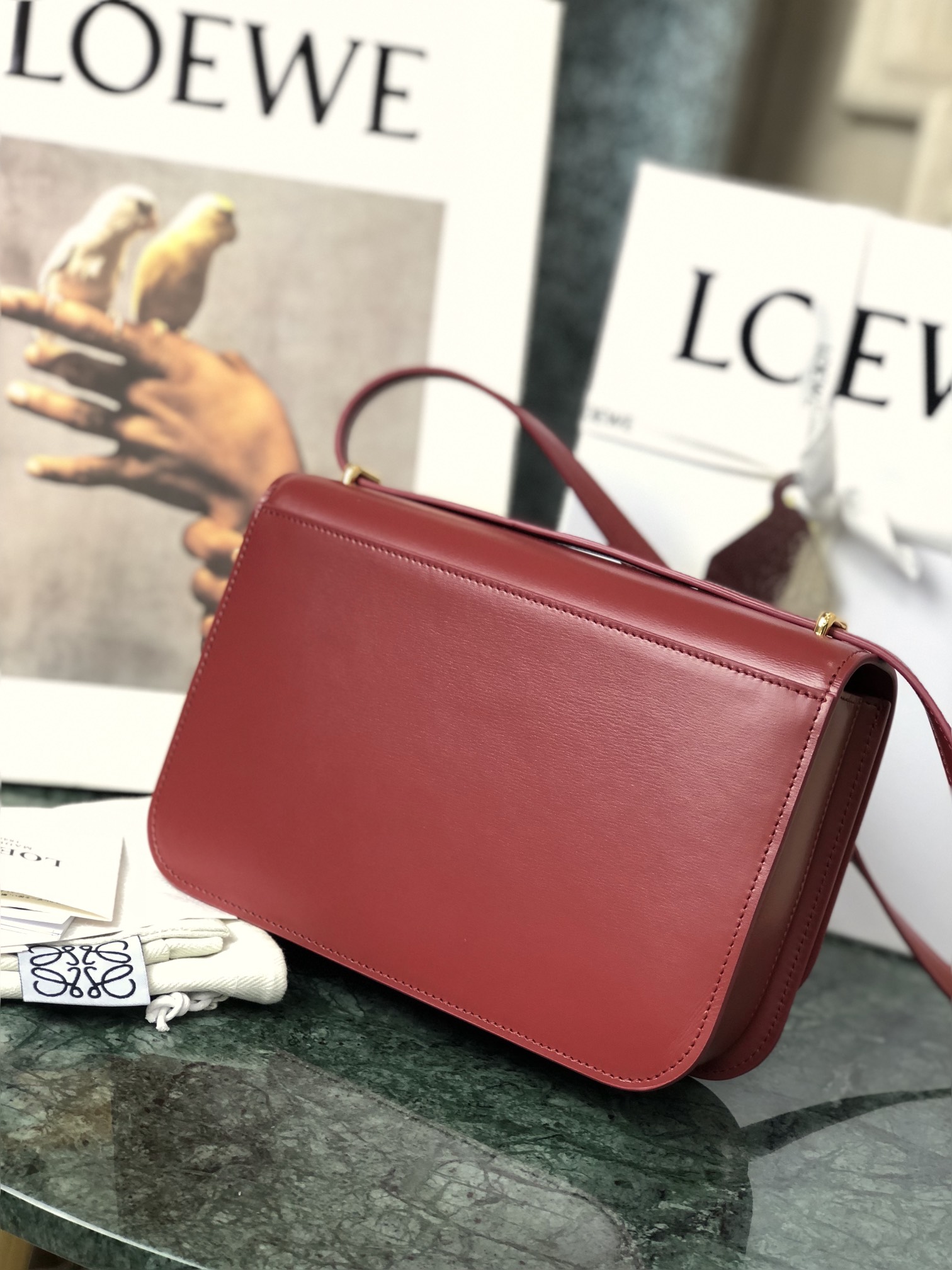 L0ew* medium goya bag silk calfskin deep red a896n01x03 23 x 15 x 6.5 cm