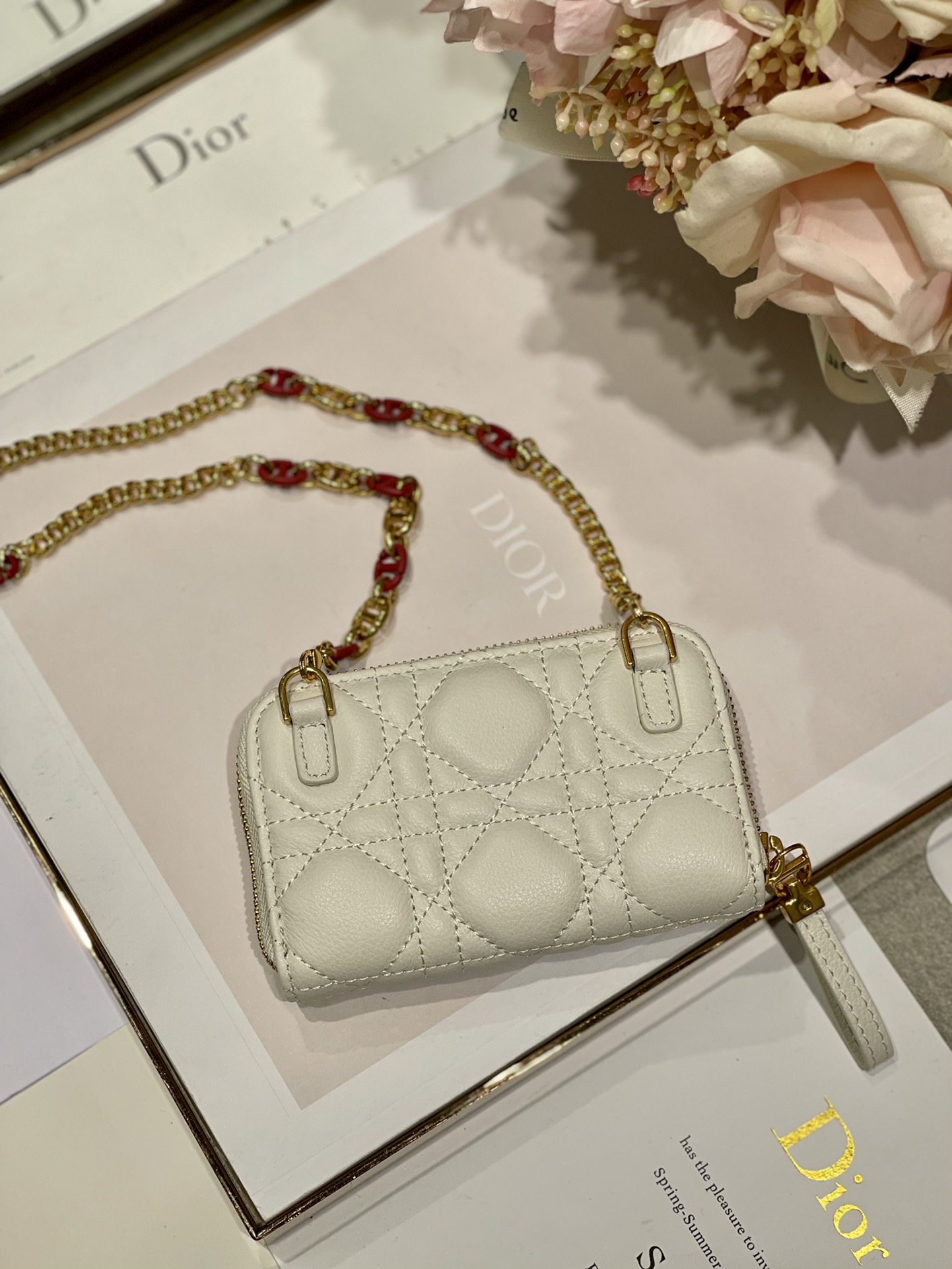 D10r mini caro zipped pouch cannage lambskin white s5087 12 x 8.5 cm
