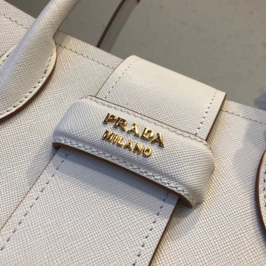 Pra*a top handle tote bag leather white/brown 1bg148 33 × 24 × 14.5 cm