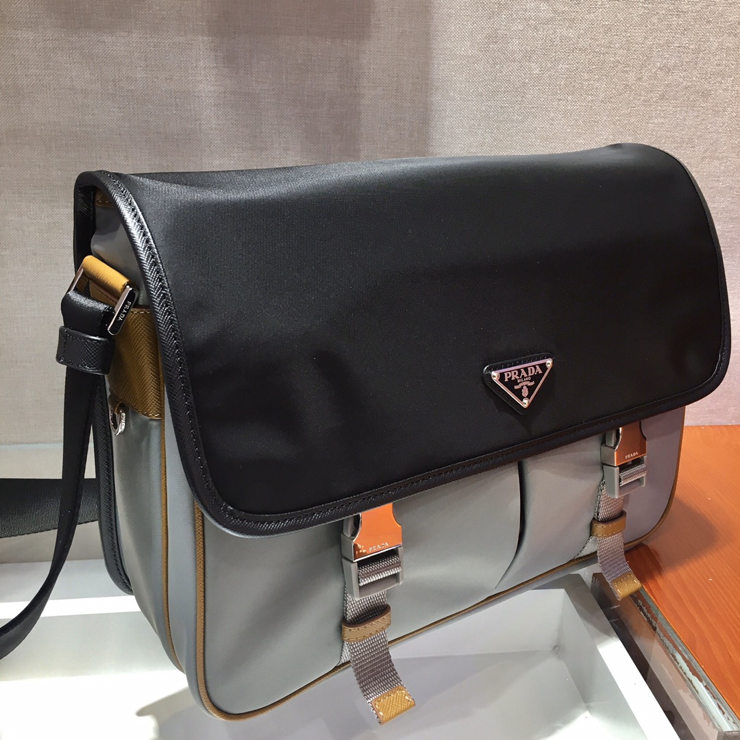 Pra*a re-nylon and saffiano leather shoulder bag gray 2vd768 32 x 24 x 12 cm