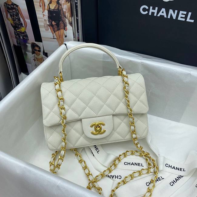 Ch**el mini flap bag with top handle grained calfskin white as2431 20 x 14 x 7 cm