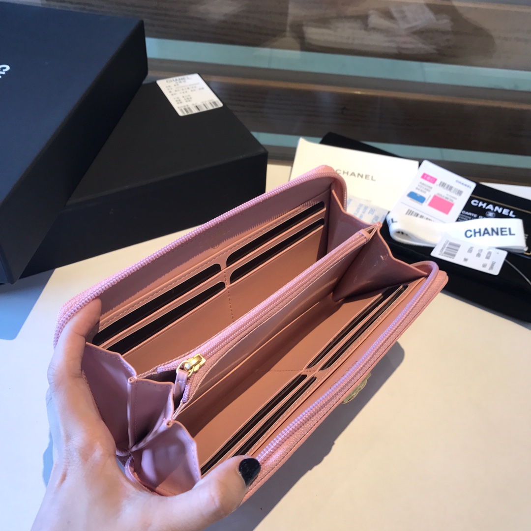 Ch**el boy long zipped wallet grained leather powder pink a80815 19cm