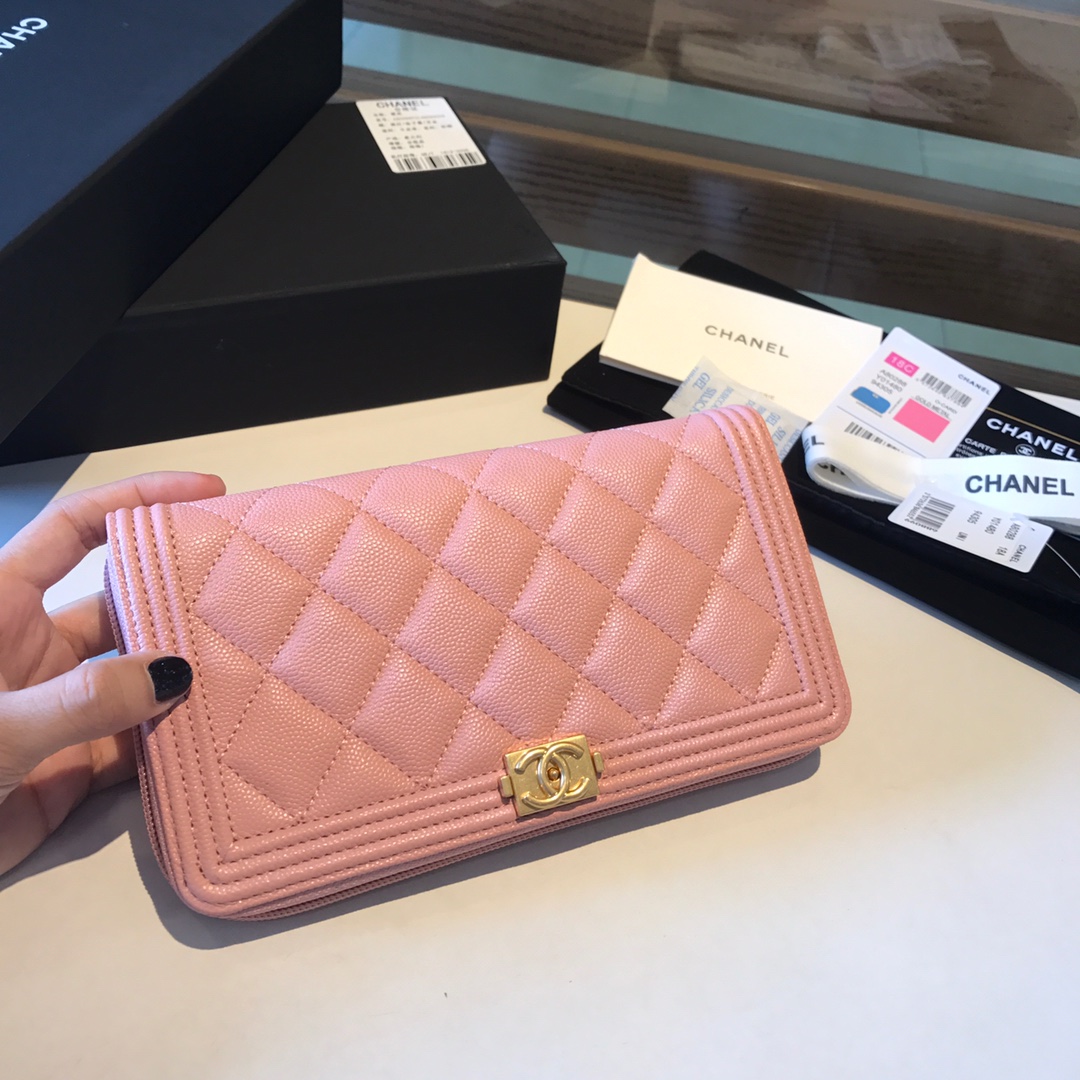 Ch**el boy long zipped wallet grained leather powder pink a80815 19cm