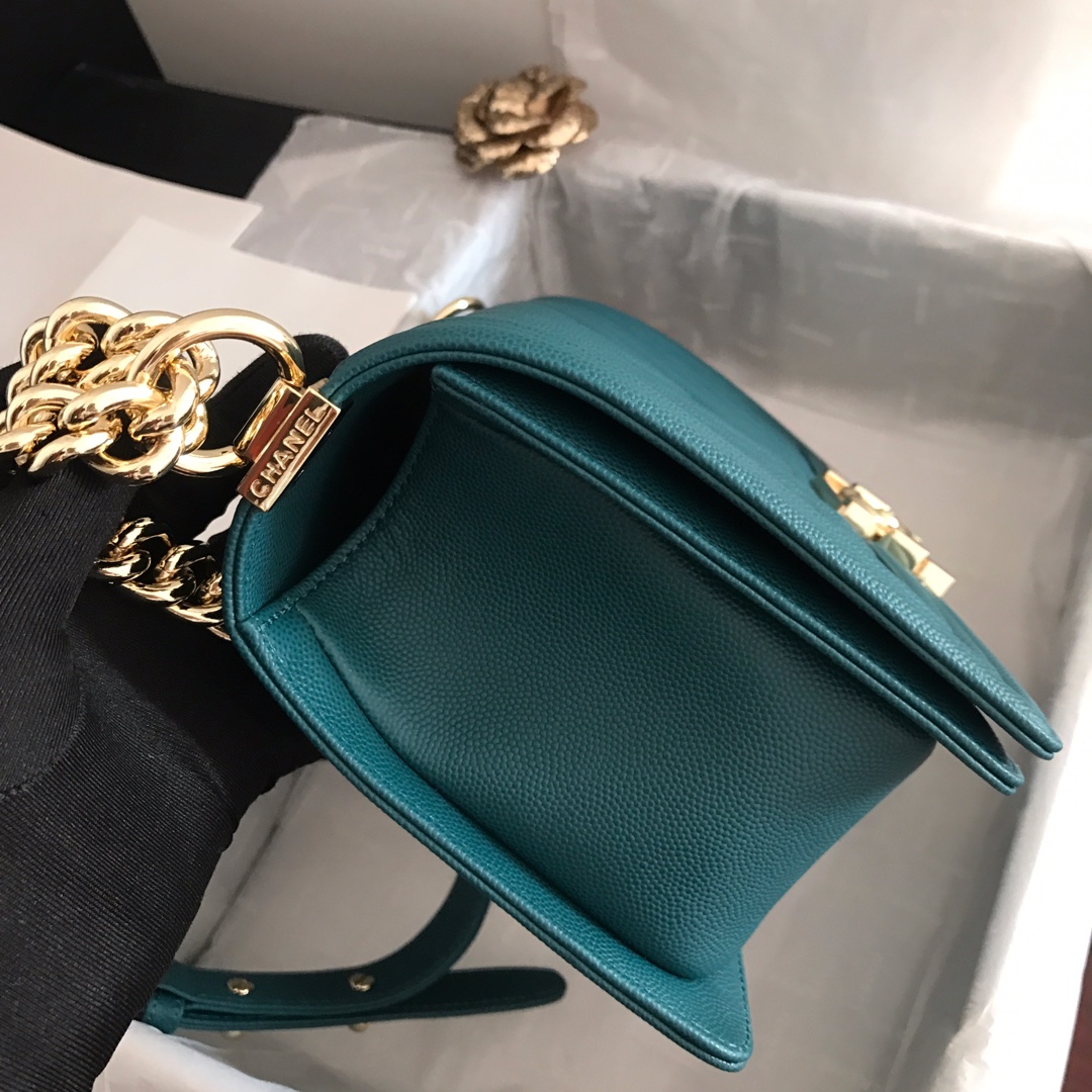 Ch**el medium boy bag chevron gold-tone metal grained leather teal a67086 25cm