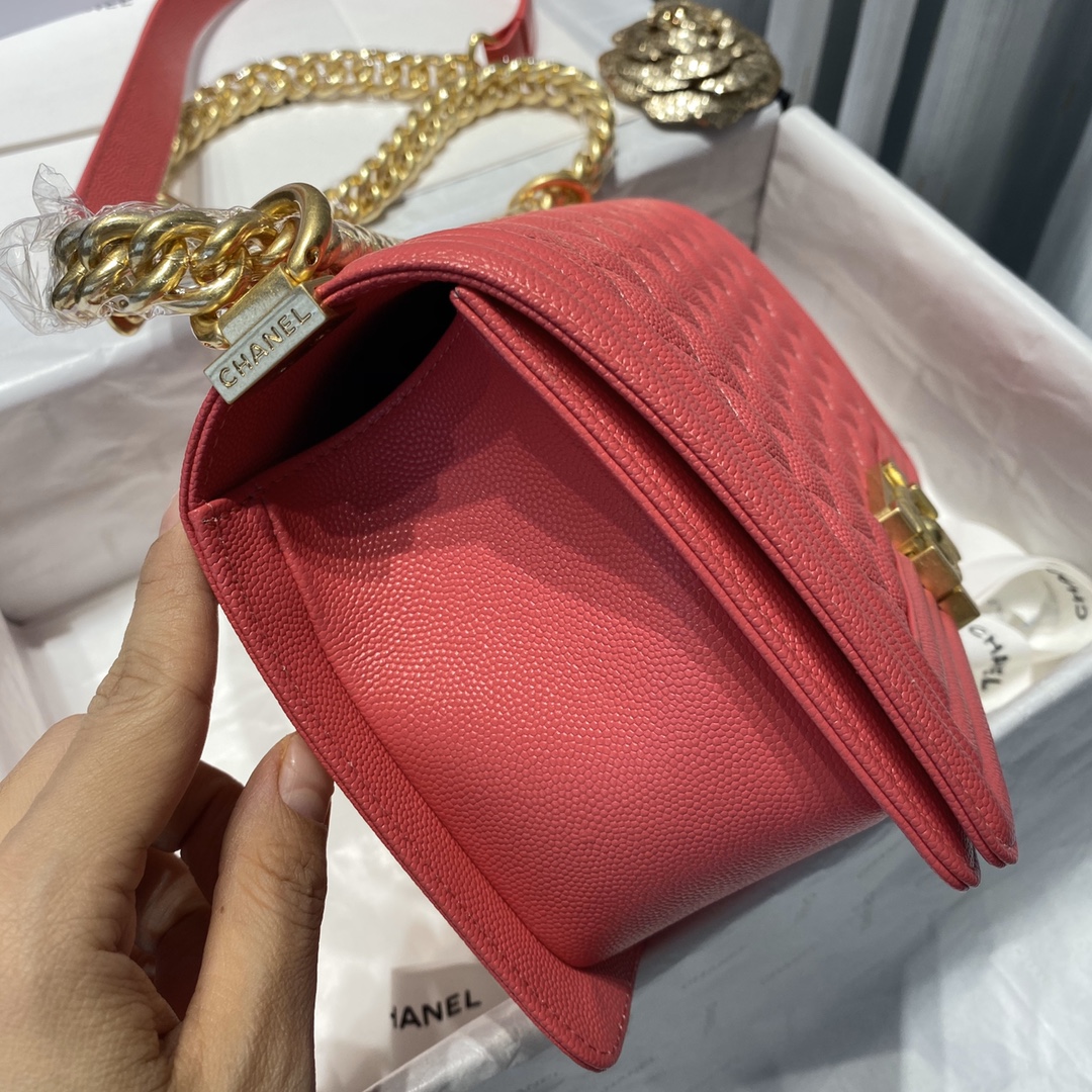 Ch**el medium boy bag classic gold-tone metal grained leather peach a67086 25cm