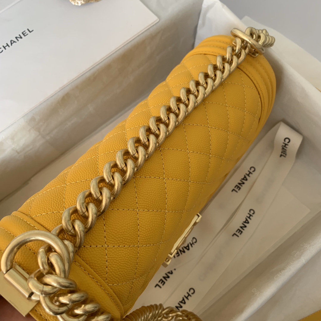 Ch**el medium boy bag classic gold-tone metal grained leather mustard yellow a67086 25cm