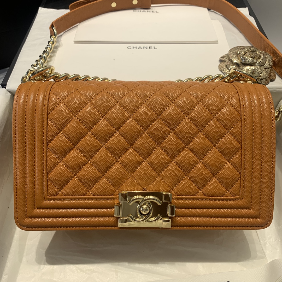 Ch**el medium boy bag classic gold-tone metal grained leather tan a67086 25cm