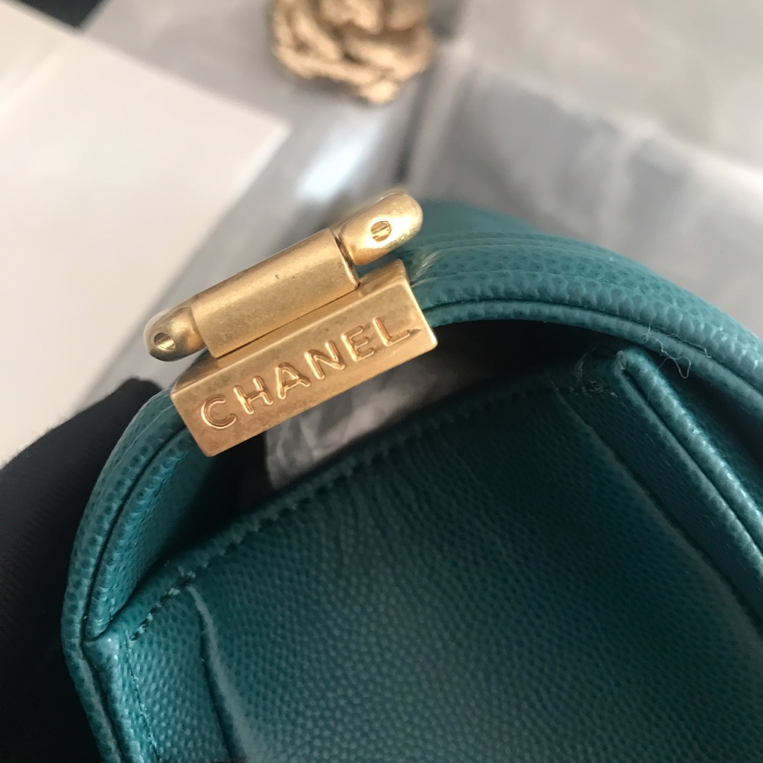 Ch**el medium boy bag classic gold-tone metal grained leather teal a67086 25cm