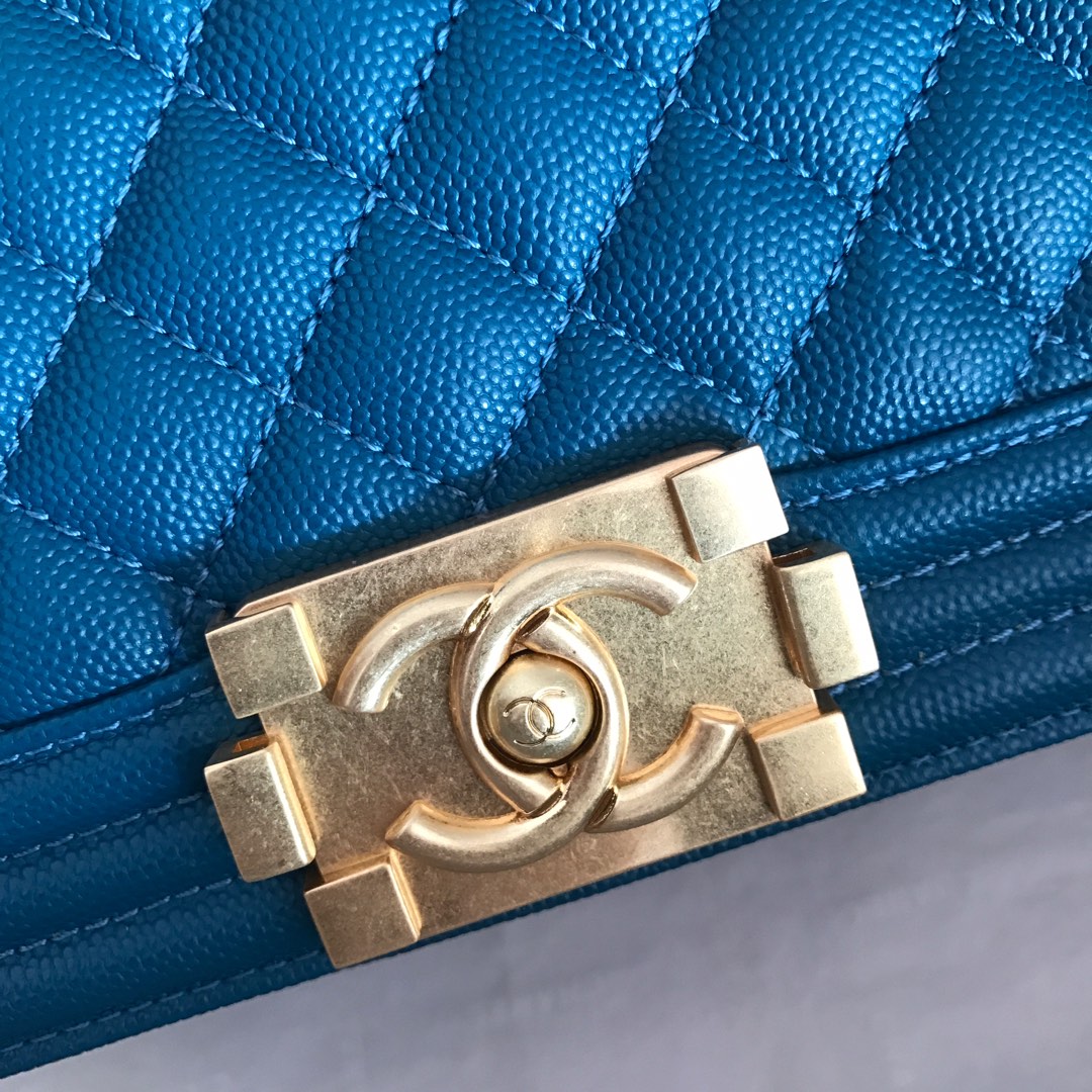 Ch**el medium boy bag classic gold-tone metal grained leather ocean blue a67086 25cm