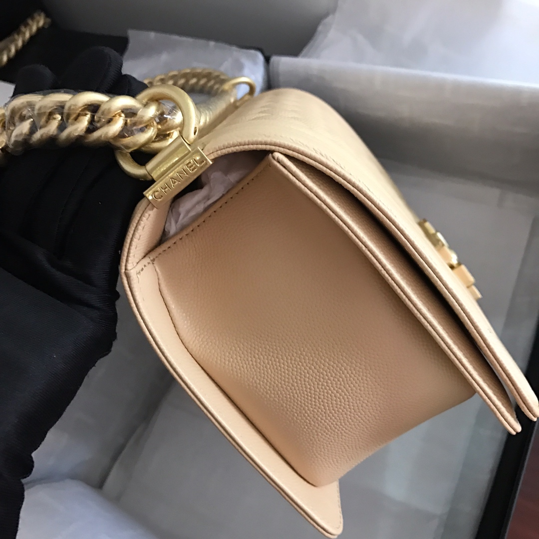 Ch**el medium boy bag classic gold-tone metal grained leather light beige a67086 25cm