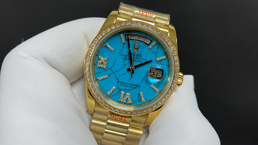 r01ex oyster perpetual day and  date  G01den and blue 36 mm 2836
